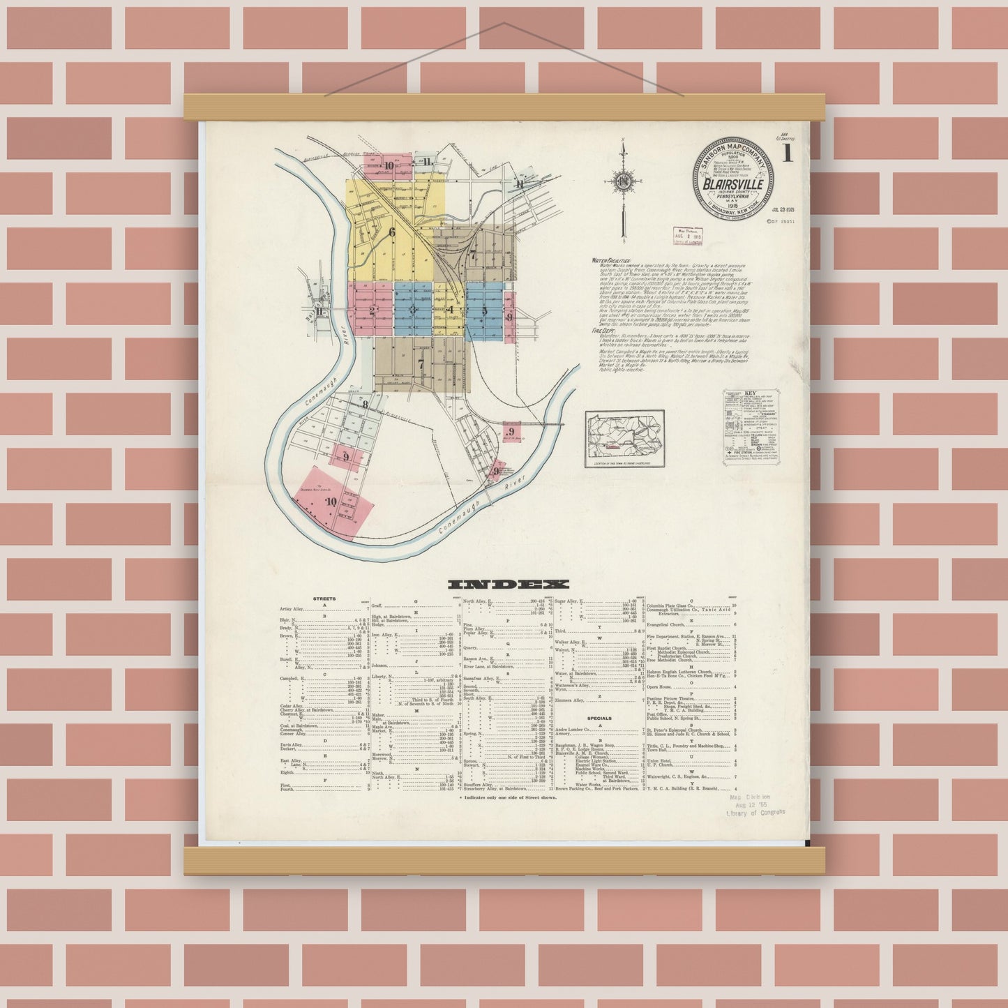 Old map wall art mockup — magnetic wood frame on brick wall — Sanborn Fire Insurance Map from Blairsville, Indiana County, Pennsylvania (1915) - Complete Map Set