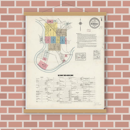 Old map wall art mockup — magnetic wood frame on brick wall — Sanborn Fire Insurance Map from Blairsville, Indiana County, Pennsylvania (1915) - Complete Map Set
