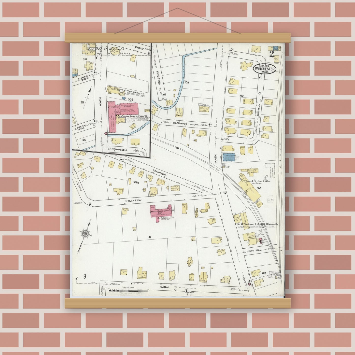Old map wall art mockup — magnetic wood frame on brick wall — Sanborn Fire Insurance Map from Winchester, Middlesex County, Massachusetts (1921), Sheet #0002