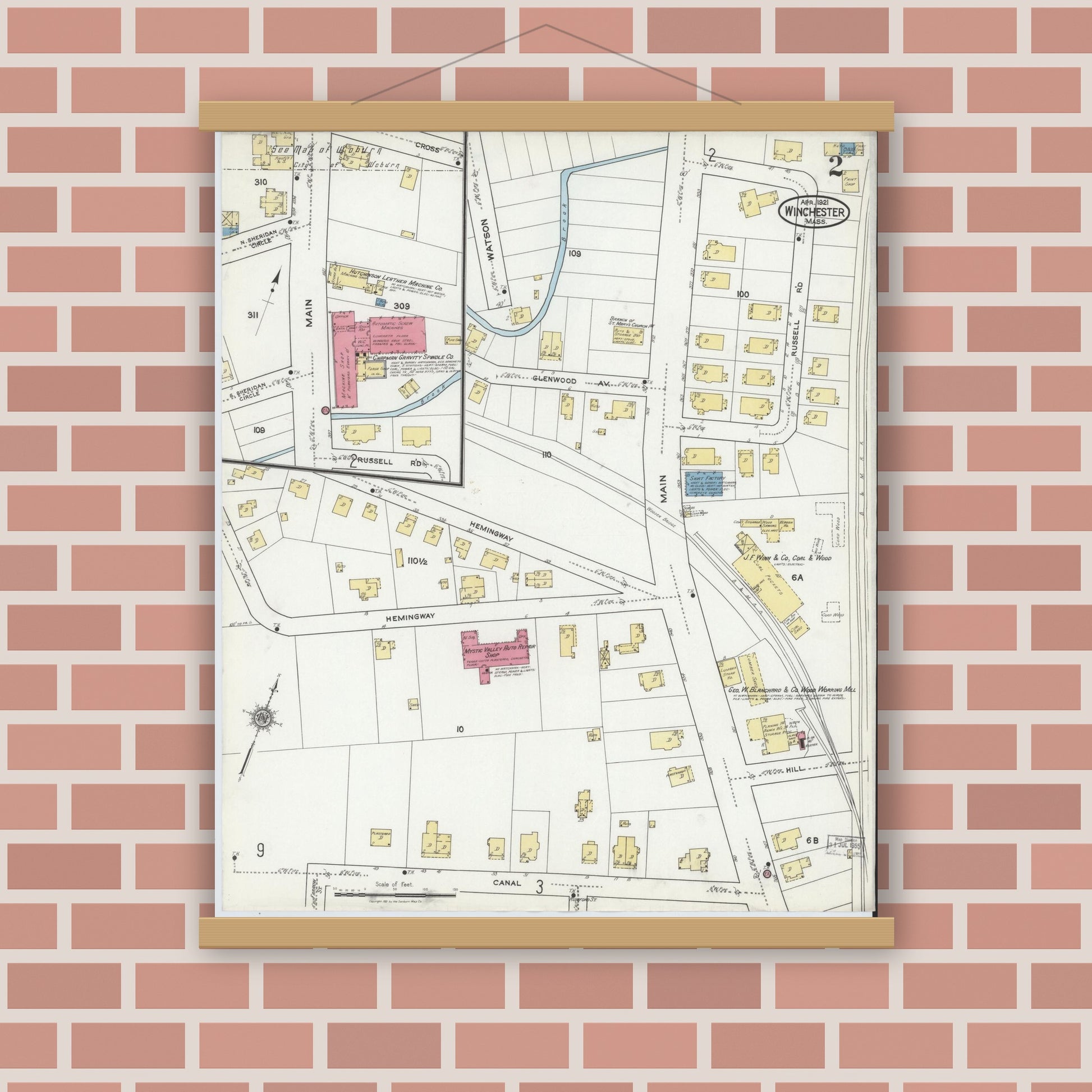 Old map wall art mockup — magnetic wood frame on brick wall — Sanborn Fire Insurance Map from Winchester, Middlesex County, Massachusetts (1921), Sheet #0002