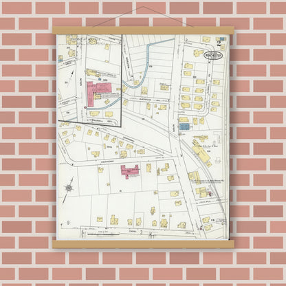 Old map wall art mockup — magnetic wood frame on brick wall — Sanborn Fire Insurance Map from Winchester, Middlesex County, Massachusetts (1921), Sheet #0002
