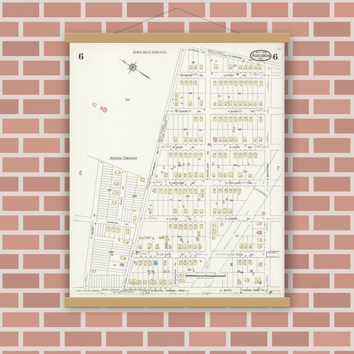 Old map wall art mockup — magnetic wood frame on brick wall — Sanborn Fire Insurance Map from Audubon, Camden County, New Jersey (1924), Sheet #0006