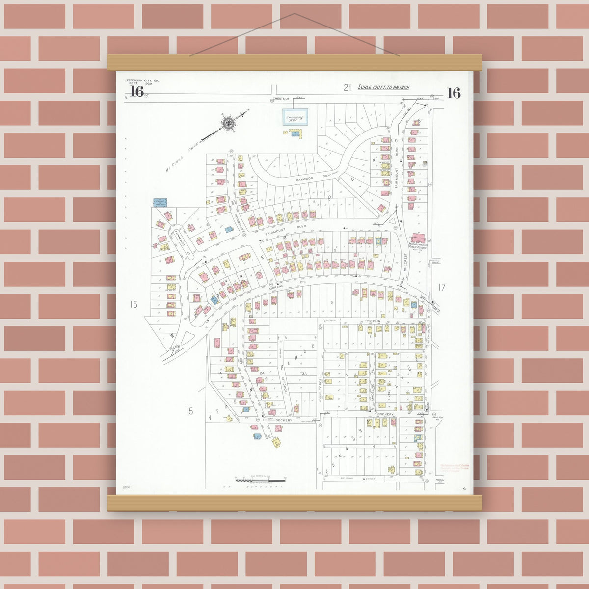 Old map wall art mockup — magnetic wood frame on brick wall — Sanborn Fire Insurance Map from Jefferson City, Cole County, Missouri (1939), Sheet #0016