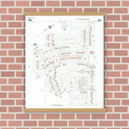 Old map wall art mockup — magnetic wood frame on brick wall — Sanborn Fire Insurance Map from Jefferson City, Cole County, Missouri (1939), Sheet #0016