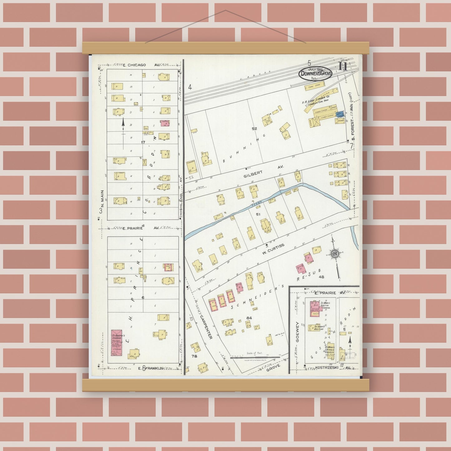 Old map wall art mockup — magnetic wood frame on brick wall — Sanborn Fire Insurance Map from Downers Grove, Dupage County, Illinois (1921), Sheet #0011