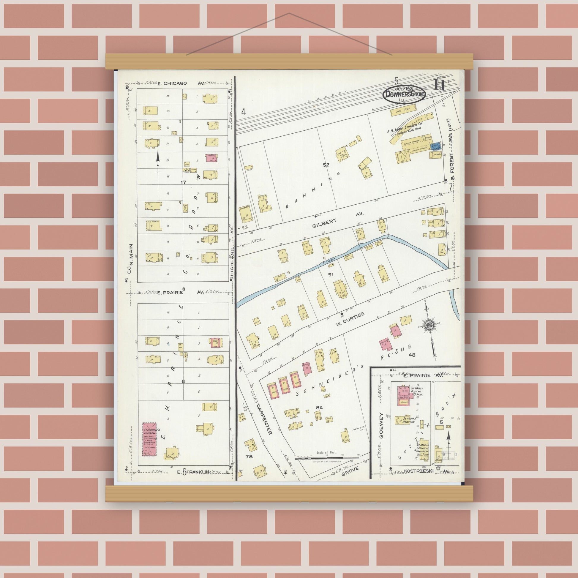 Old map wall art mockup — magnetic wood frame on brick wall — Sanborn Fire Insurance Map from Downers Grove, Dupage County, Illinois (1921), Sheet #0011