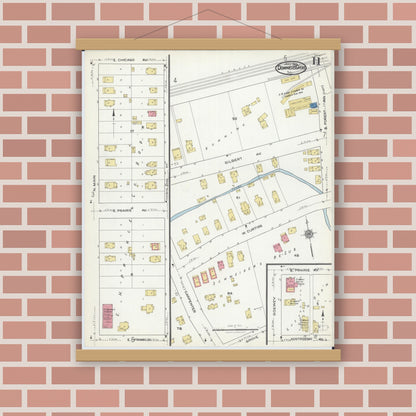 Old map wall art mockup — magnetic wood frame on brick wall — Sanborn Fire Insurance Map from Downers Grove, Dupage County, Illinois (1921), Sheet #0011