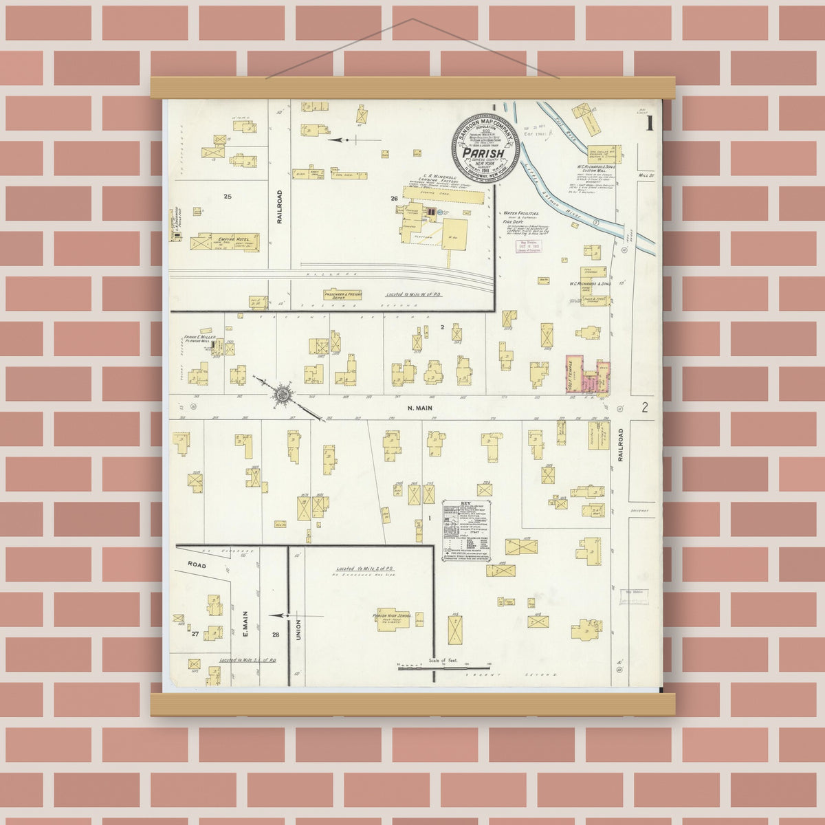 Old map wall art mockup — magnetic wood frame on brick wall — Sanborn Fire Insurance Map from Parish, Oswego County, New York (1911) - Complete Map Set