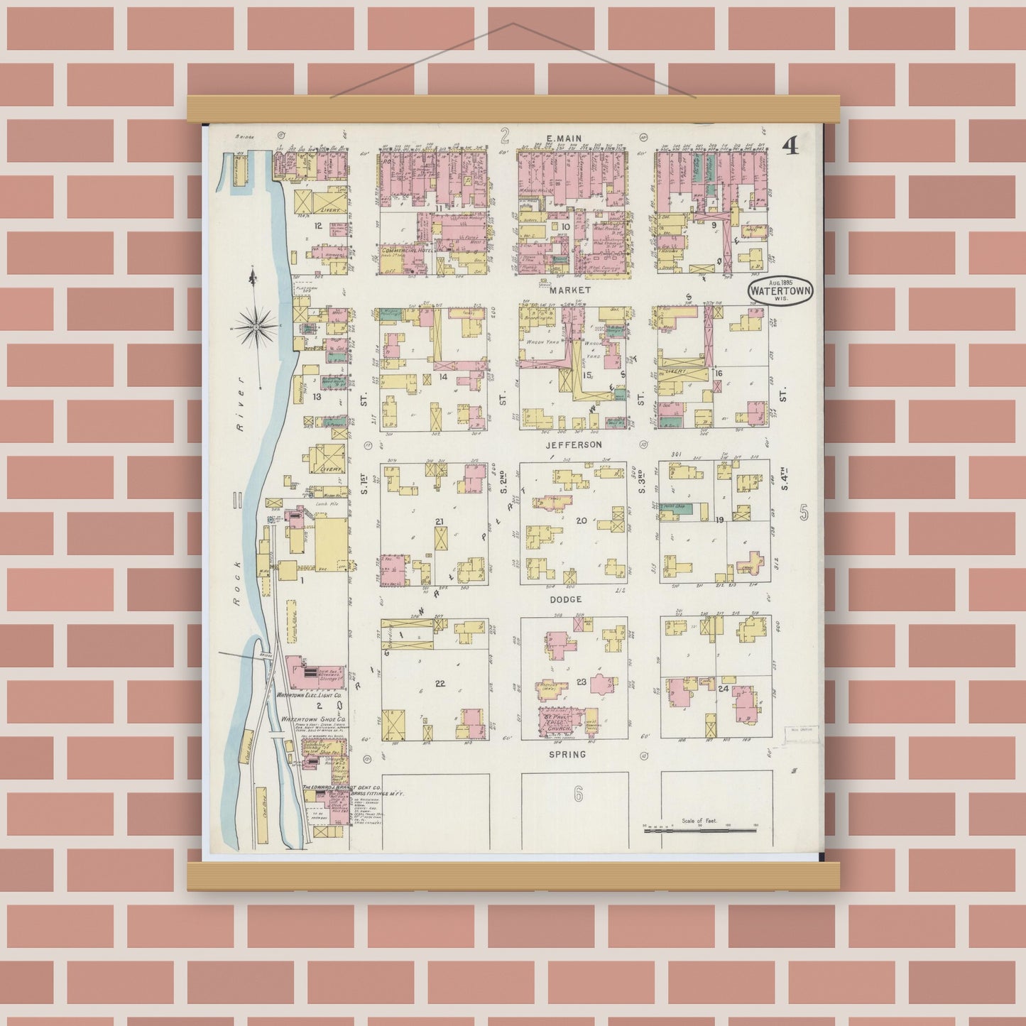 Old map wall art mockup — magnetic wood frame on brick wall — Sanborn Fire Insurance Map from Watertown, Jefferson County, Wisconsin (1895), Sheet #0004