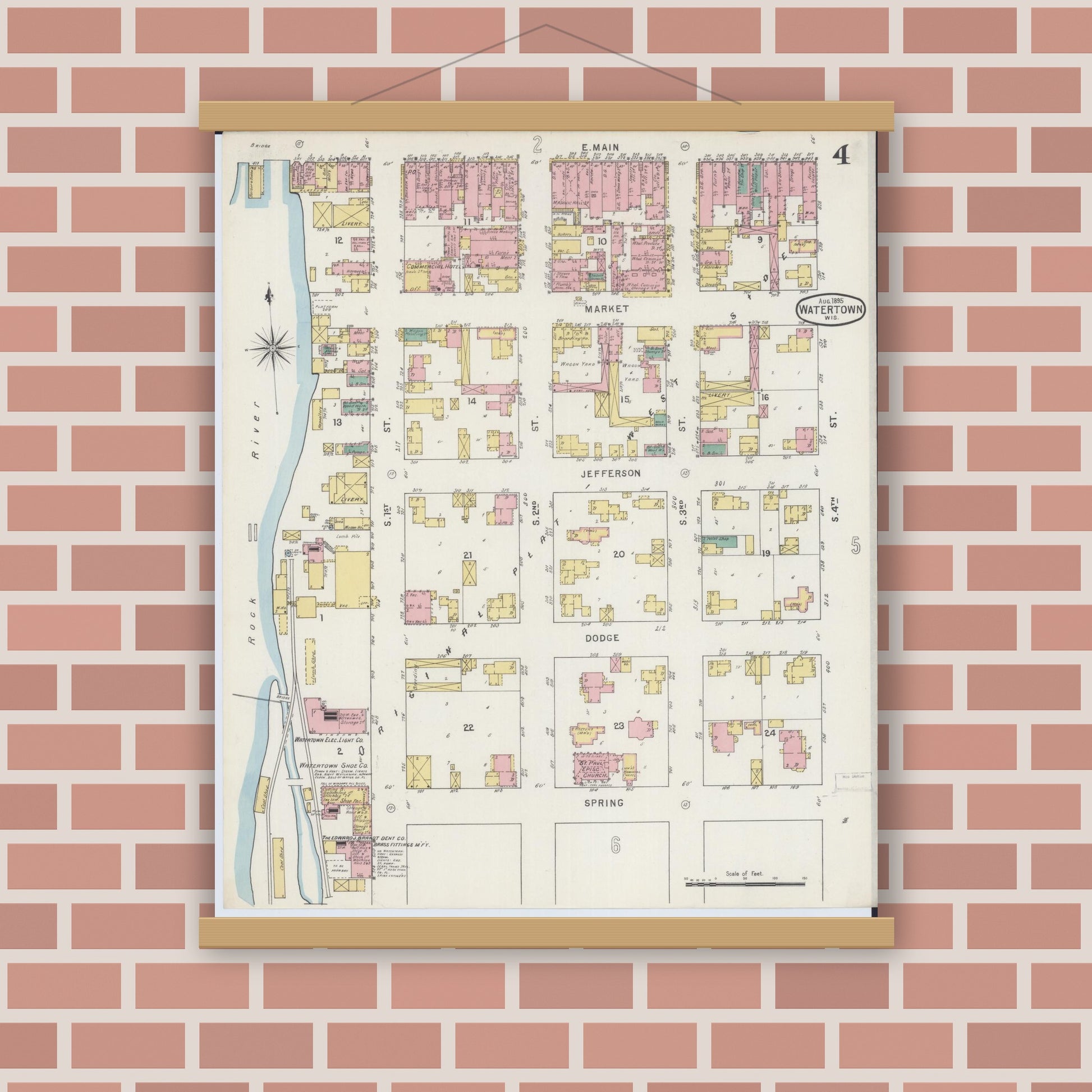 Old map wall art mockup — magnetic wood frame on brick wall — Sanborn Fire Insurance Map from Watertown, Jefferson County, Wisconsin (1895), Sheet #0004