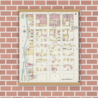 Old map wall art mockup — magnetic wood frame on brick wall — Sanborn Fire Insurance Map from Watertown, Jefferson County, Wisconsin (1895), Sheet #0004