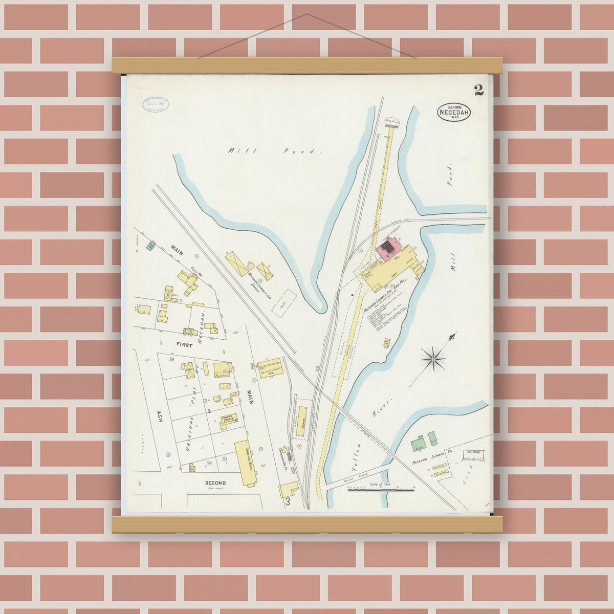 Old map wall art mockup — magnetic wood frame on brick wall — Sanborn Fire Insurance Map from Necedah, Juneau County, Wisconsin (1898), Sheet #0002