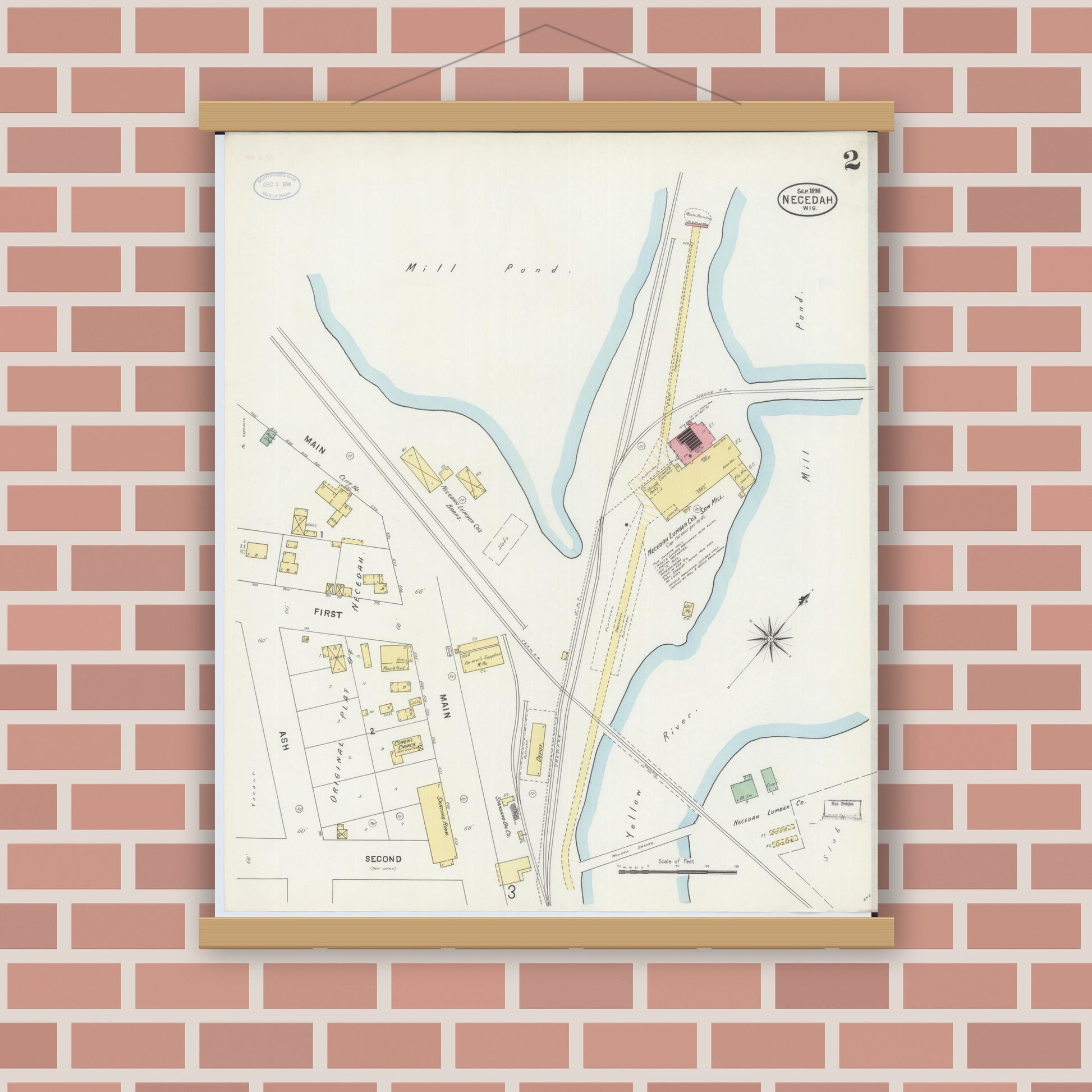 Old map wall art mockup — magnetic wood frame on brick wall — Sanborn Fire Insurance Map from Necedah, Juneau County, Wisconsin (1898), Sheet #0002