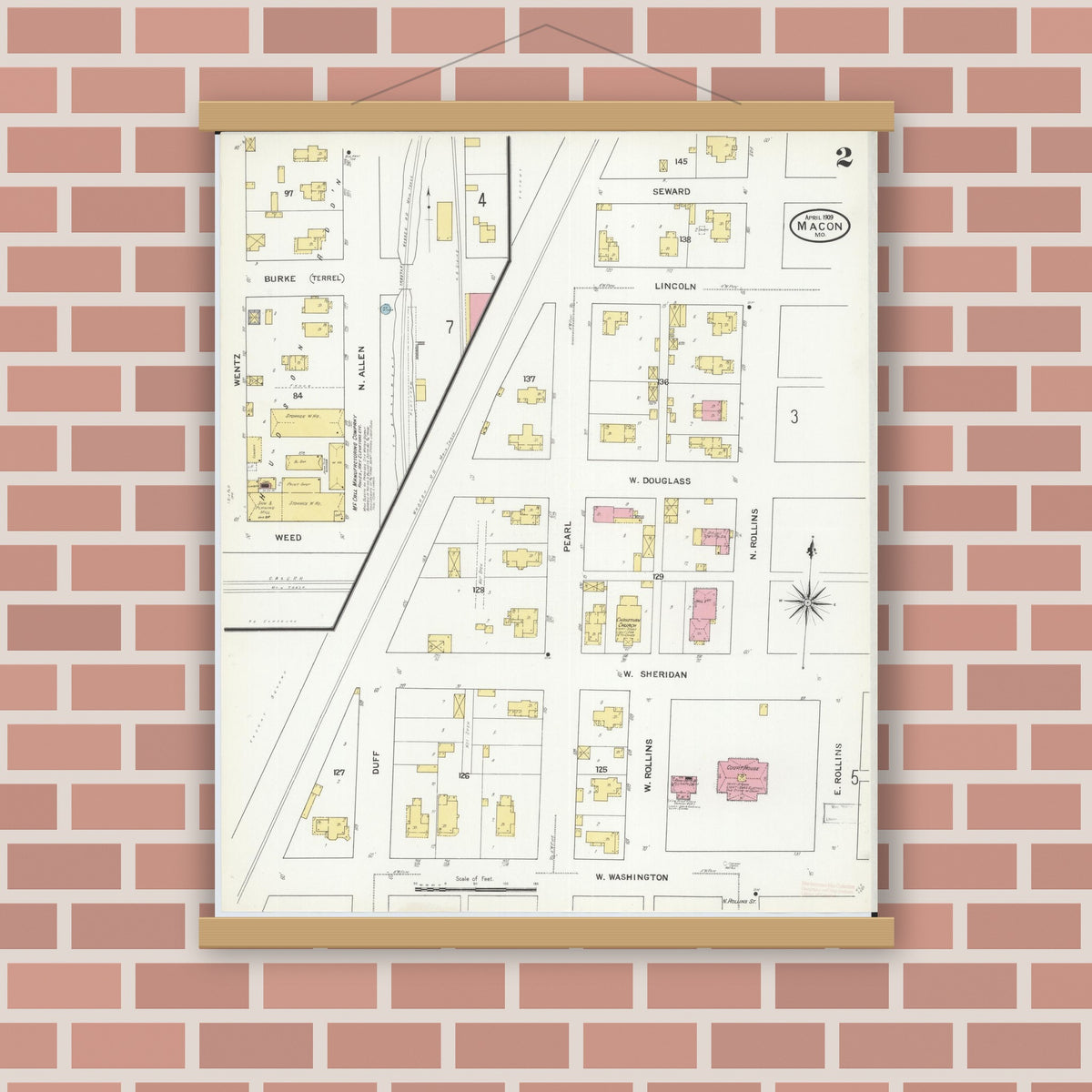 Old map wall art mockup — magnetic wood frame on brick wall — Sanborn Fire Insurance Map from Macon, Macon County, Missouri (1909), Sheet #0002