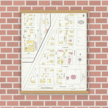 Old map wall art mockup — magnetic wood frame on brick wall — Sanborn Fire Insurance Map from Macon, Macon County, Missouri (1909), Sheet #0002