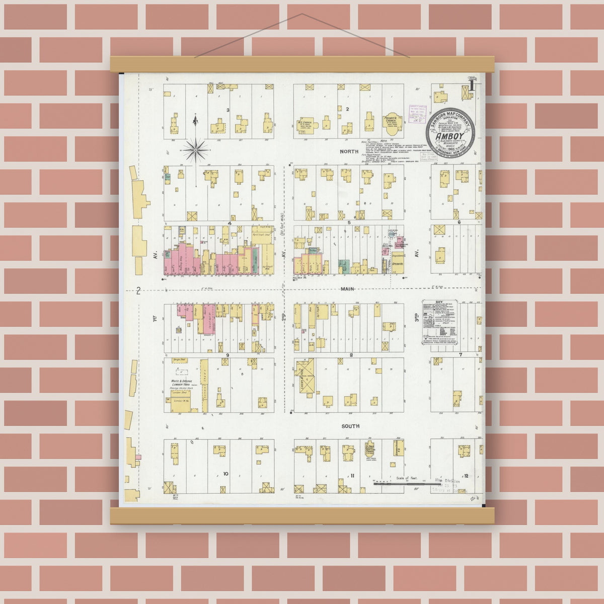 Old map wall art mockup — magnetic wood frame on brick wall — Sanborn Fire Insurance Map from Amboy, Blue Earth County, Minnesota (1905) - Complete Map Set