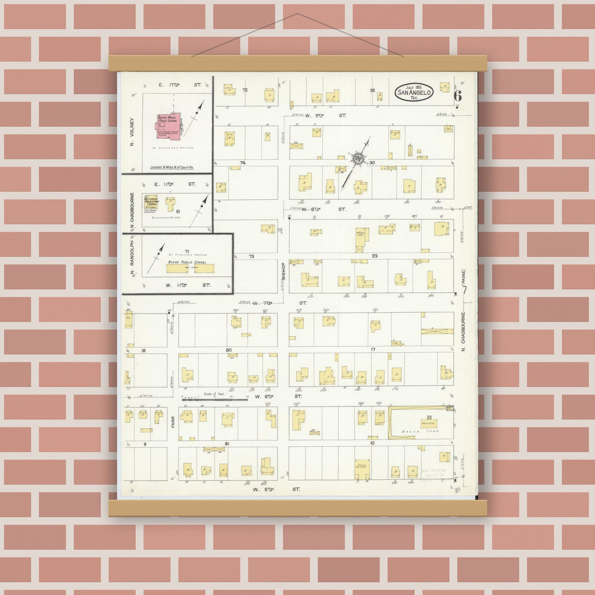 Old map wall art mockup — magnetic wood frame on brick wall — Sanborn Fire Insurance Map from San Angelo, Tom Green County, Texas (1913), Sheet #0006