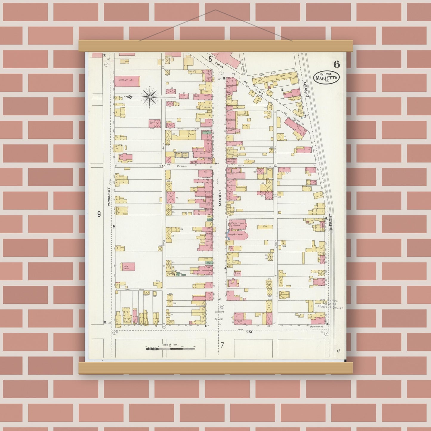 Old map wall art mockup — magnetic wood frame on brick wall — Sanborn Fire Insurance Map from Marietta, Lancaster County, Pennsylvania (1904), Sheet #0006