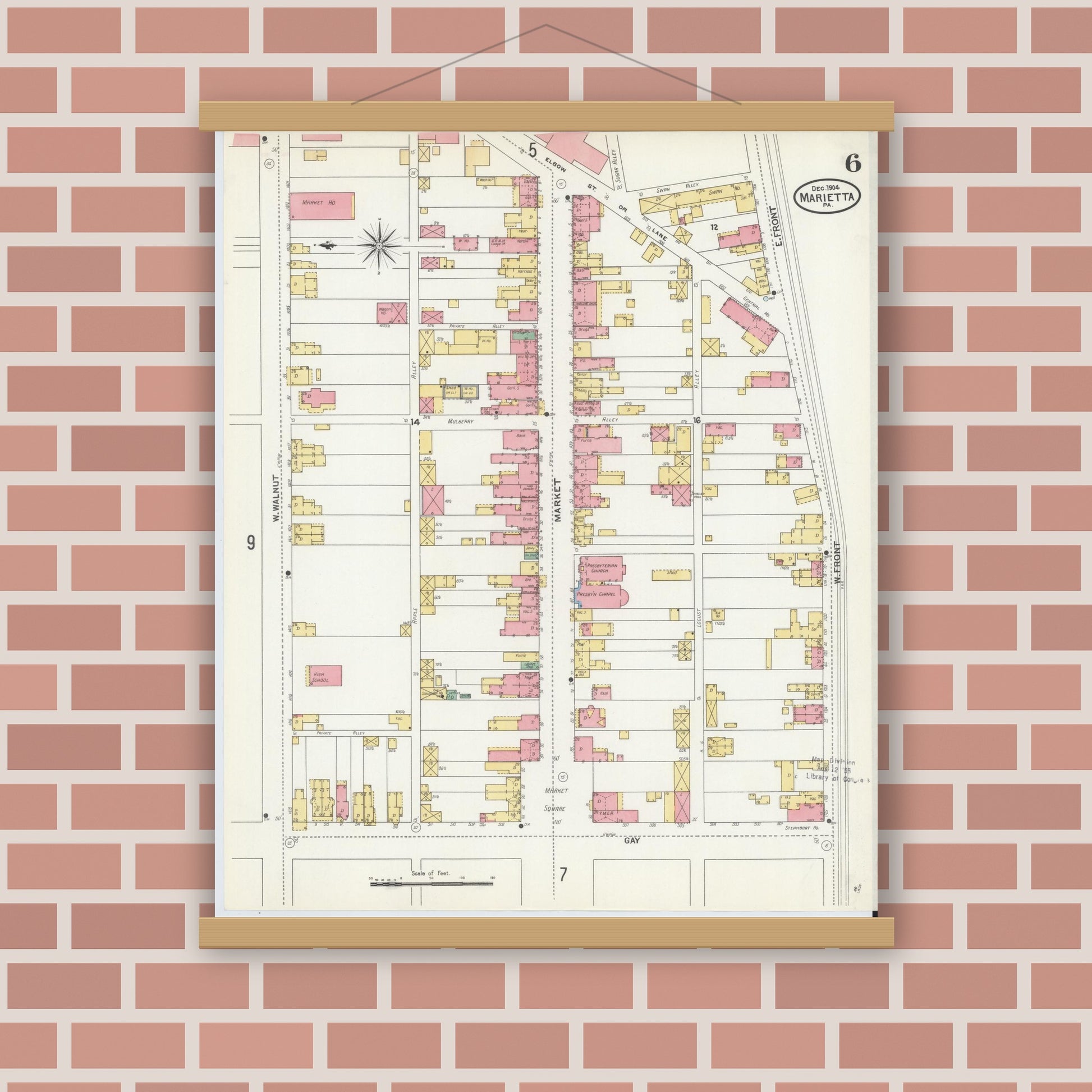 Old map wall art mockup — magnetic wood frame on brick wall — Sanborn Fire Insurance Map from Marietta, Lancaster County, Pennsylvania (1904), Sheet #0006