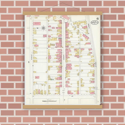 Old map wall art mockup — magnetic wood frame on brick wall — Sanborn Fire Insurance Map from Marietta, Lancaster County, Pennsylvania (1904), Sheet #0006