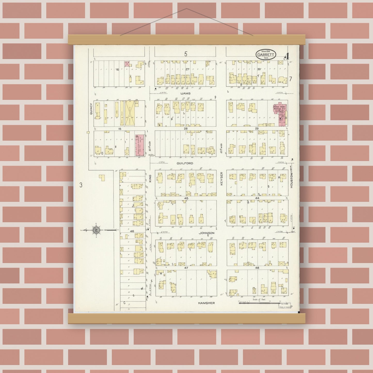 Old map wall art mockup — magnetic wood frame on brick wall — Sanborn Fire Insurance Map from Garrett, De Kalb County, Indiana (1914), Sheet #0004
