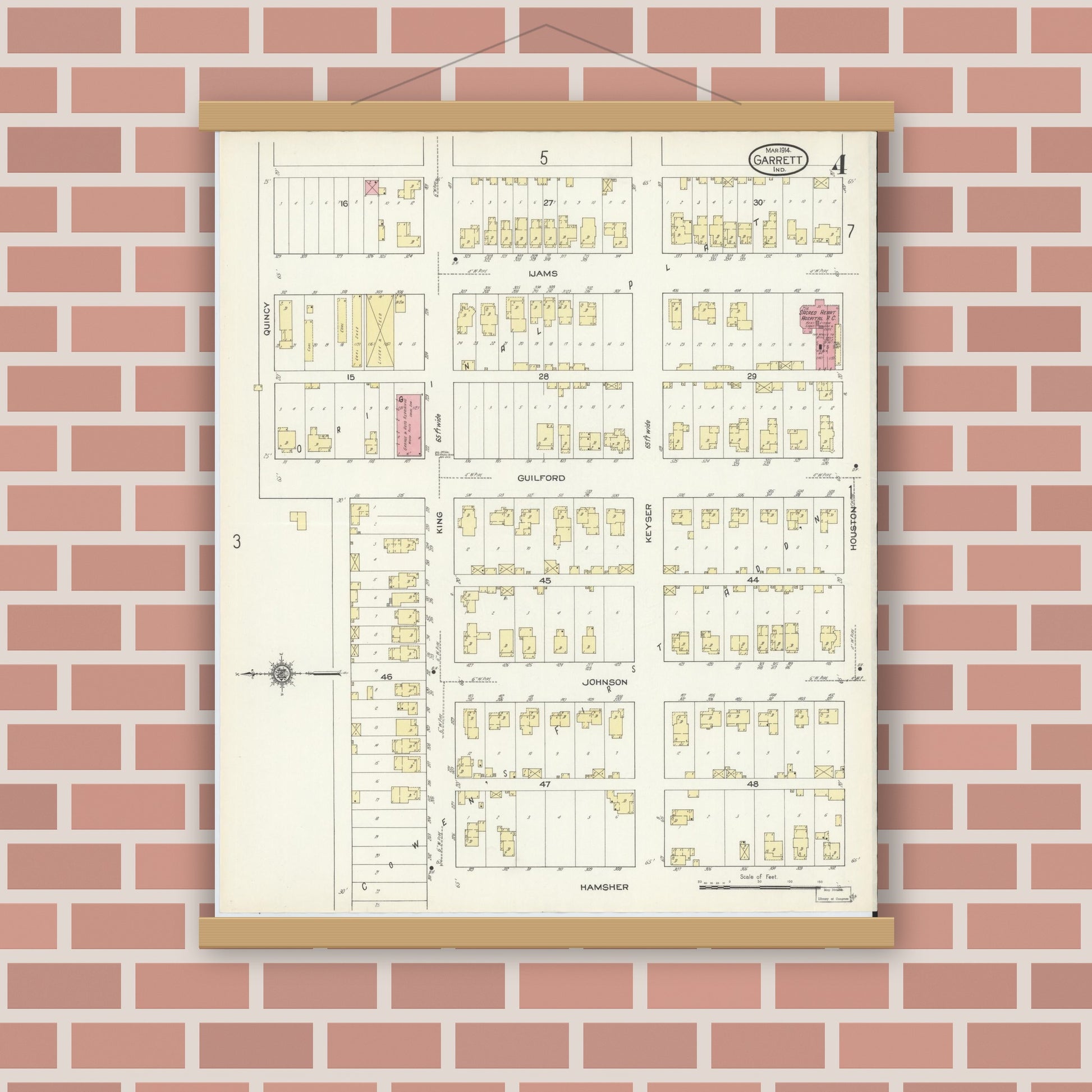Old map wall art mockup — magnetic wood frame on brick wall — Sanborn Fire Insurance Map from Garrett, De Kalb County, Indiana (1914), Sheet #0004