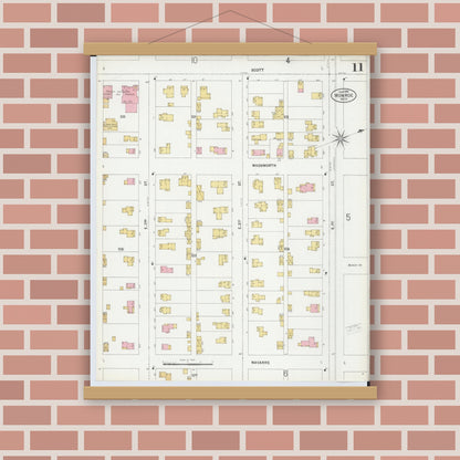 Old map wall art mockup — magnetic wood frame on brick wall — Sanborn Fire Insurance Map from Monroe, Monroe County, Michigan (1899), Sheet #0011