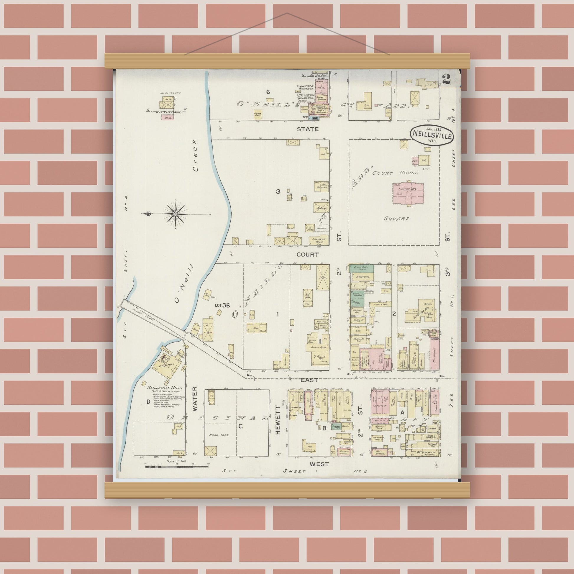 Old map wall art mockup — magnetic wood frame on brick wall — Sanborn Fire Insurance Map from Neillsville, Clark County, Wisconsin (1887), Sheet #0002