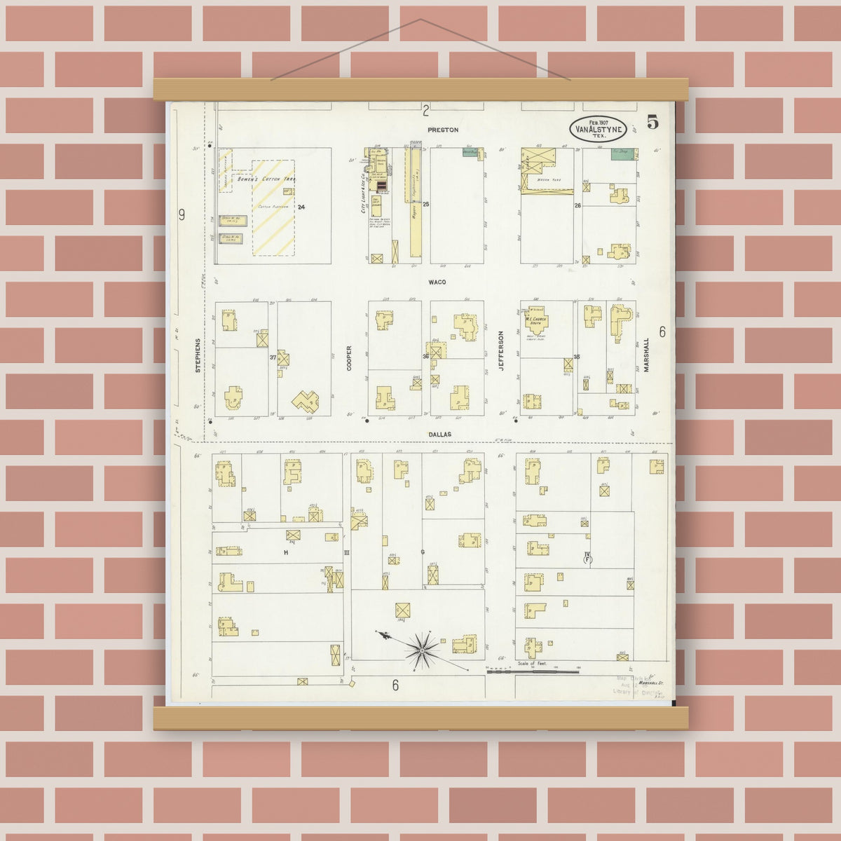 Old map wall art mockup — magnetic wood frame on brick wall — Sanborn Fire Insurance Map from Van Alstyne, Grayson County, Texas (1907), Sheet #0005
