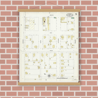 Old map wall art mockup — magnetic wood frame on brick wall — Sanborn Fire Insurance Map from Van Alstyne, Grayson County, Texas (1907), Sheet #0005