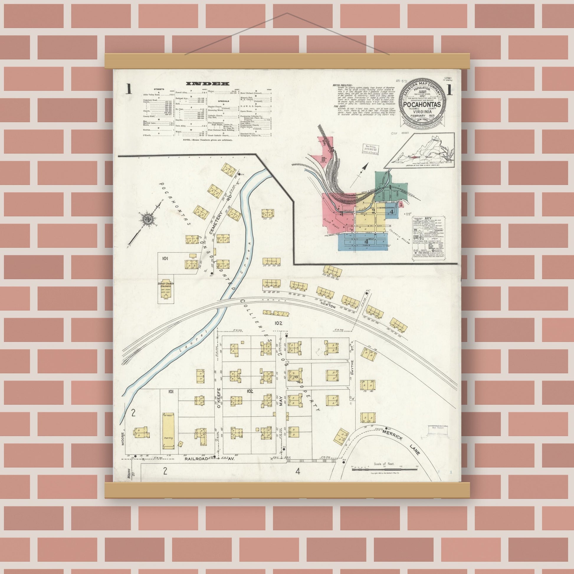 Old map wall art mockup — magnetic wood frame on brick wall — Sanborn Fire Insurance Map from Pocahontas, Tazewell County, Virginia (1923) - Complete Map Set