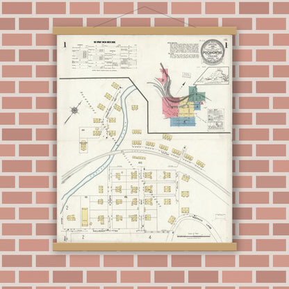Old map wall art mockup — magnetic wood frame on brick wall — Sanborn Fire Insurance Map from Pocahontas, Tazewell County, Virginia (1923) - Complete Map Set