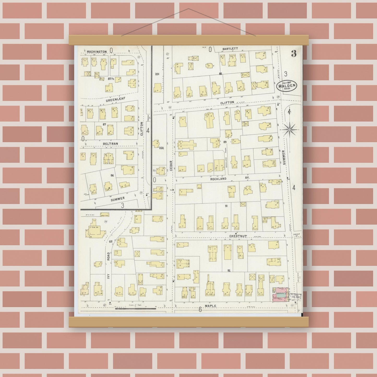 Old map wall art mockup — magnetic wood frame on brick wall — Sanborn Fire Insurance Map from Malden, Middlesex County, Massachusetts (1897), Sheet #0003