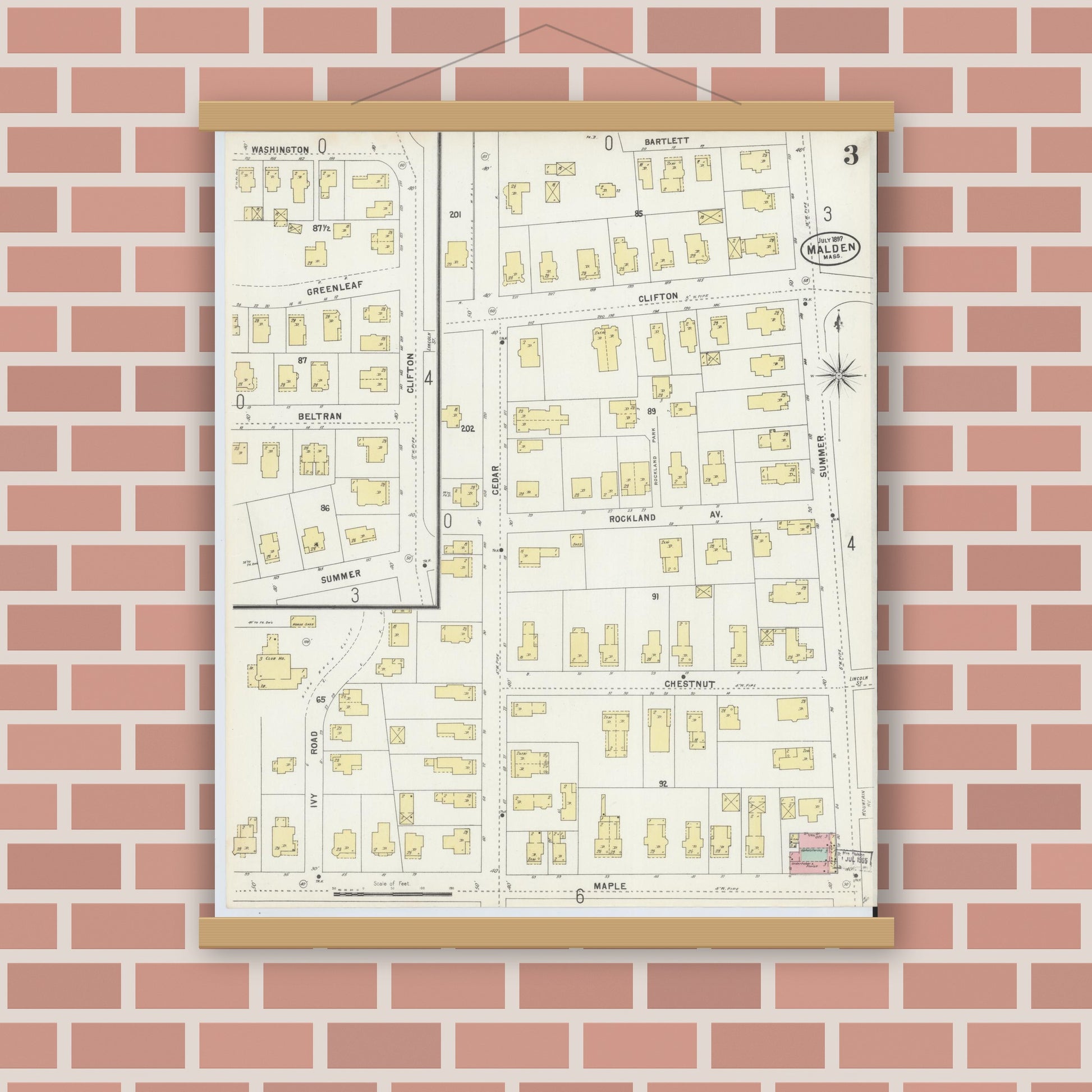 Old map wall art mockup — magnetic wood frame on brick wall — Sanborn Fire Insurance Map from Malden, Middlesex County, Massachusetts (1897), Sheet #0003