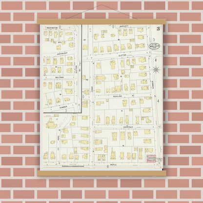 Old map wall art mockup — magnetic wood frame on brick wall — Sanborn Fire Insurance Map from Malden, Middlesex County, Massachusetts (1897), Sheet #0003