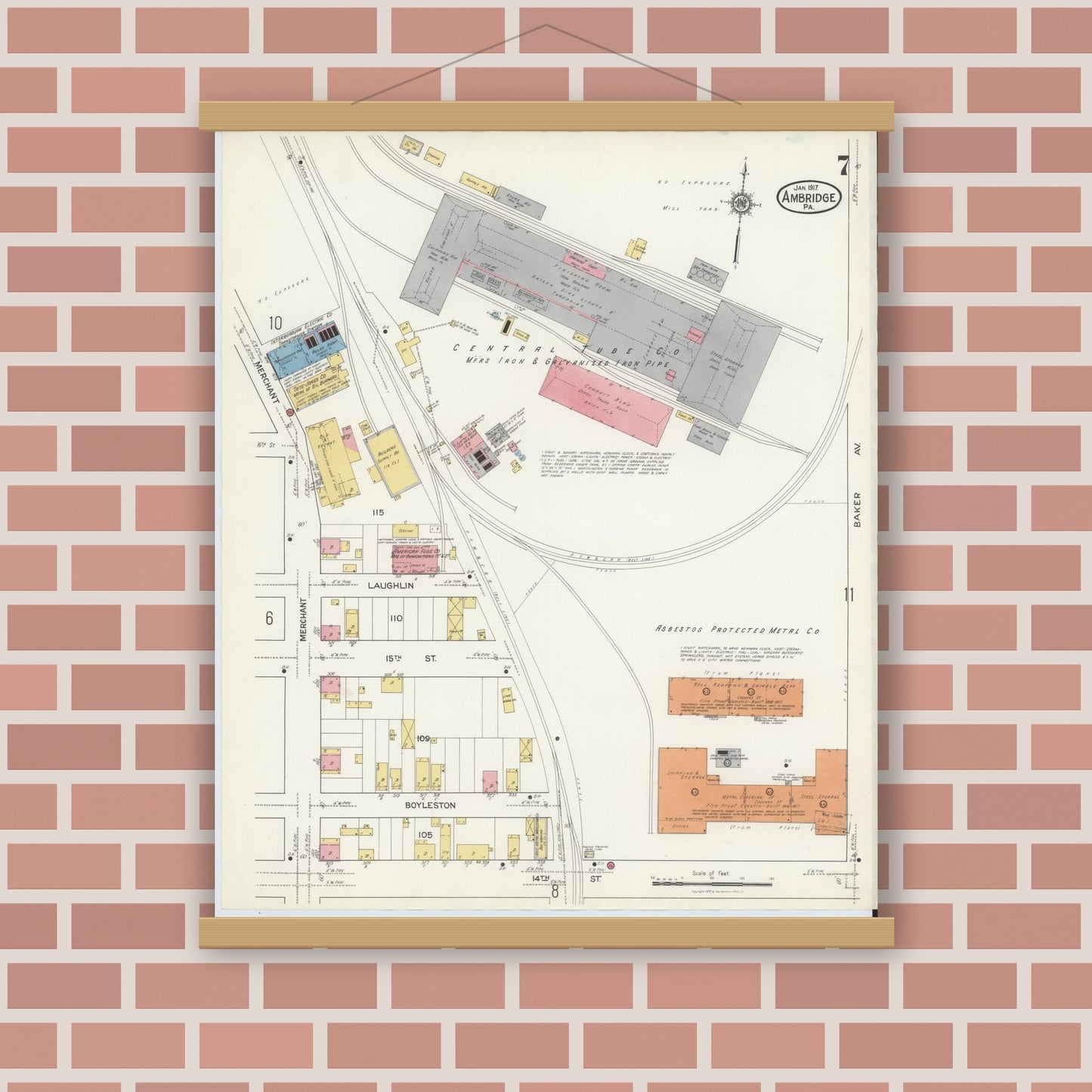 Old map wall art mockup — magnetic wood frame on brick wall — Sanborn Fire Insurance Map from Ambridge, Beaver County, Pennsylvania (1917), Sheet #0007