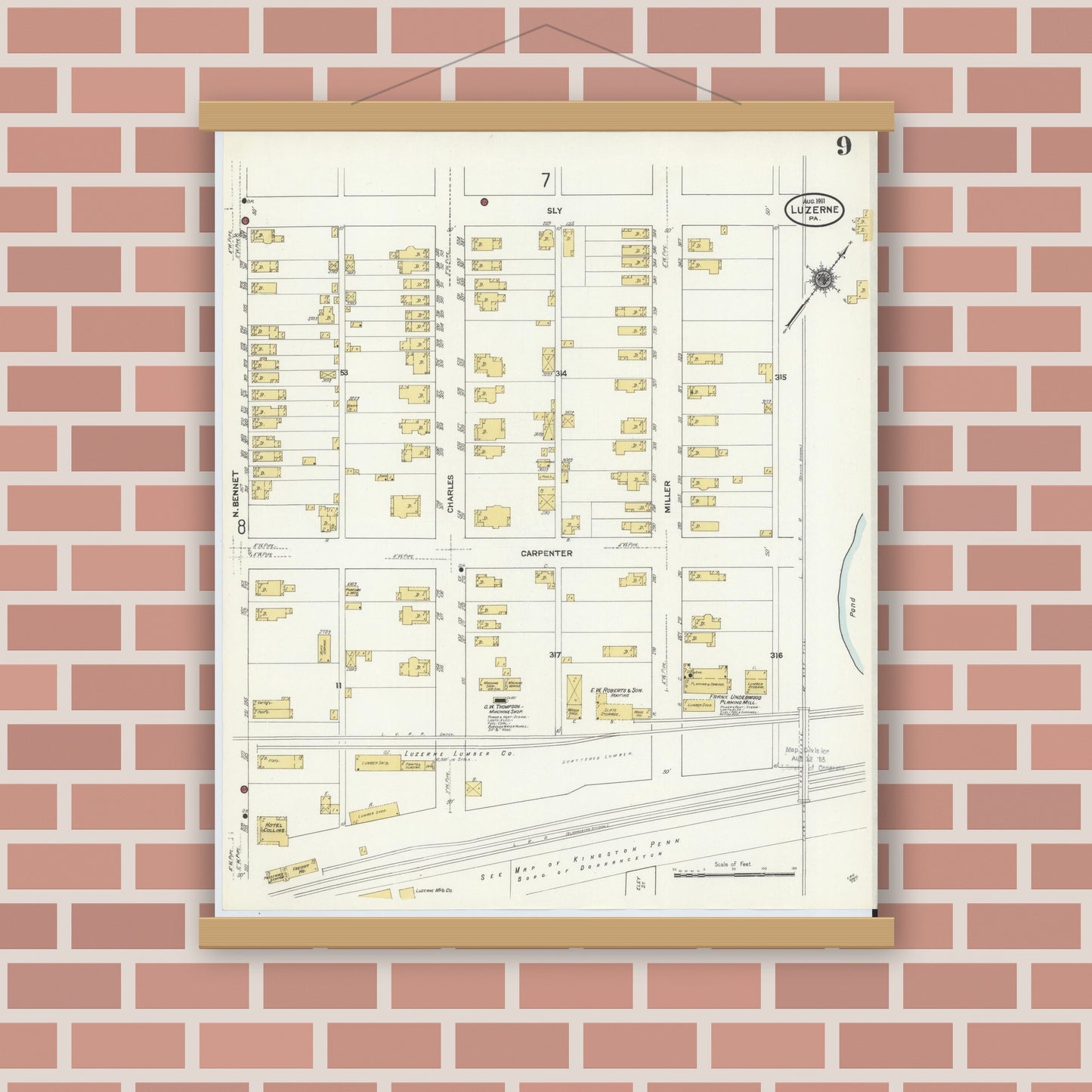 Old map wall art mockup — magnetic wood frame on brick wall — Sanborn Fire Insurance Map from Luzerne, Luzerne County, Pennsylvania (1911), Sheet #0009
