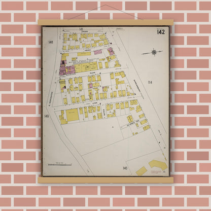 Old map wall art mockup — magnetic wood frame on brick wall — Sanborn Fire Insurance Map from Worcester, Worcester County, Massachusetts (1910), Sheet #0142