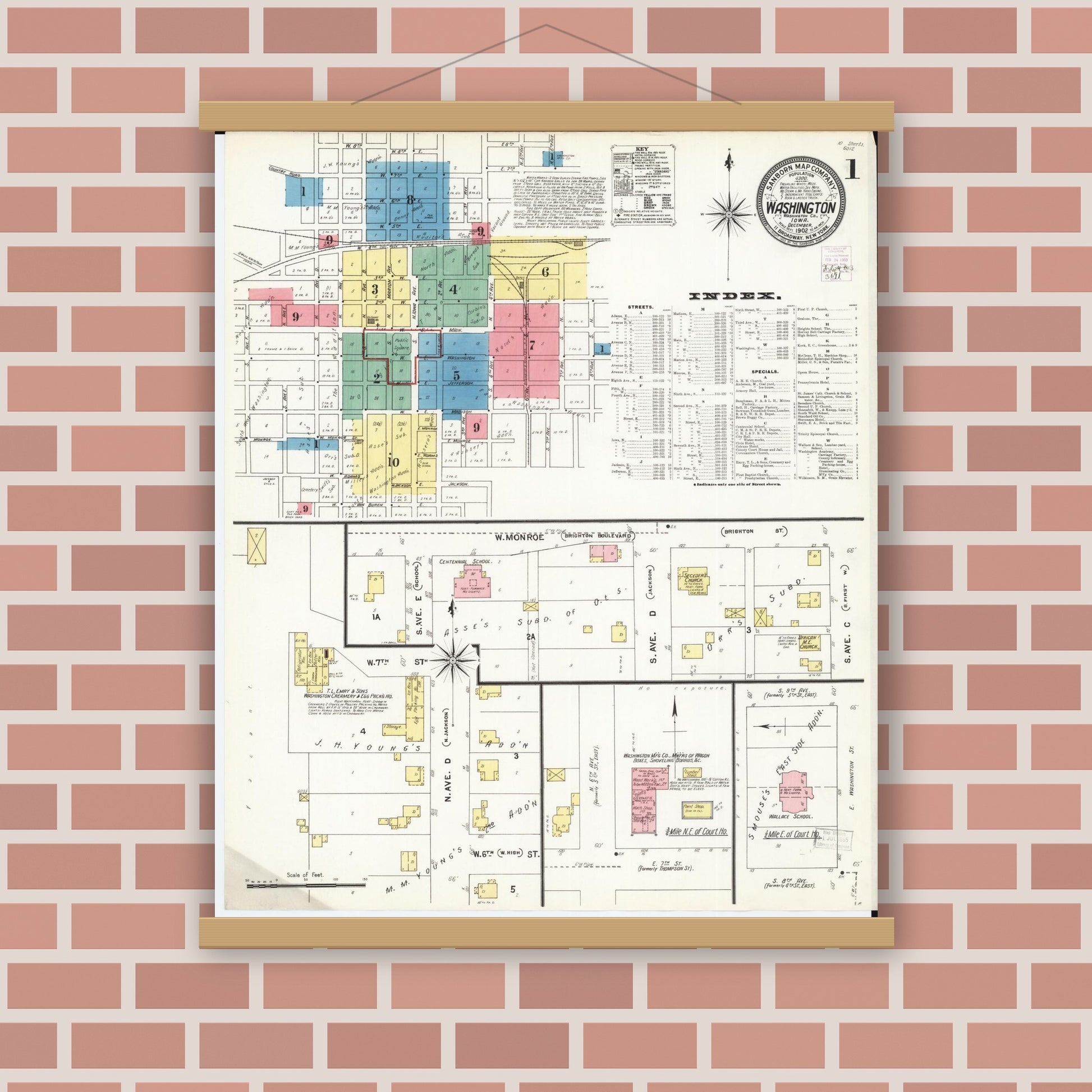 Old map wall art mockup — magnetic wood frame on brick wall — Sanborn Fire Insurance Map from Washington, Washington County, Iowa (1902) â€” Complete Set