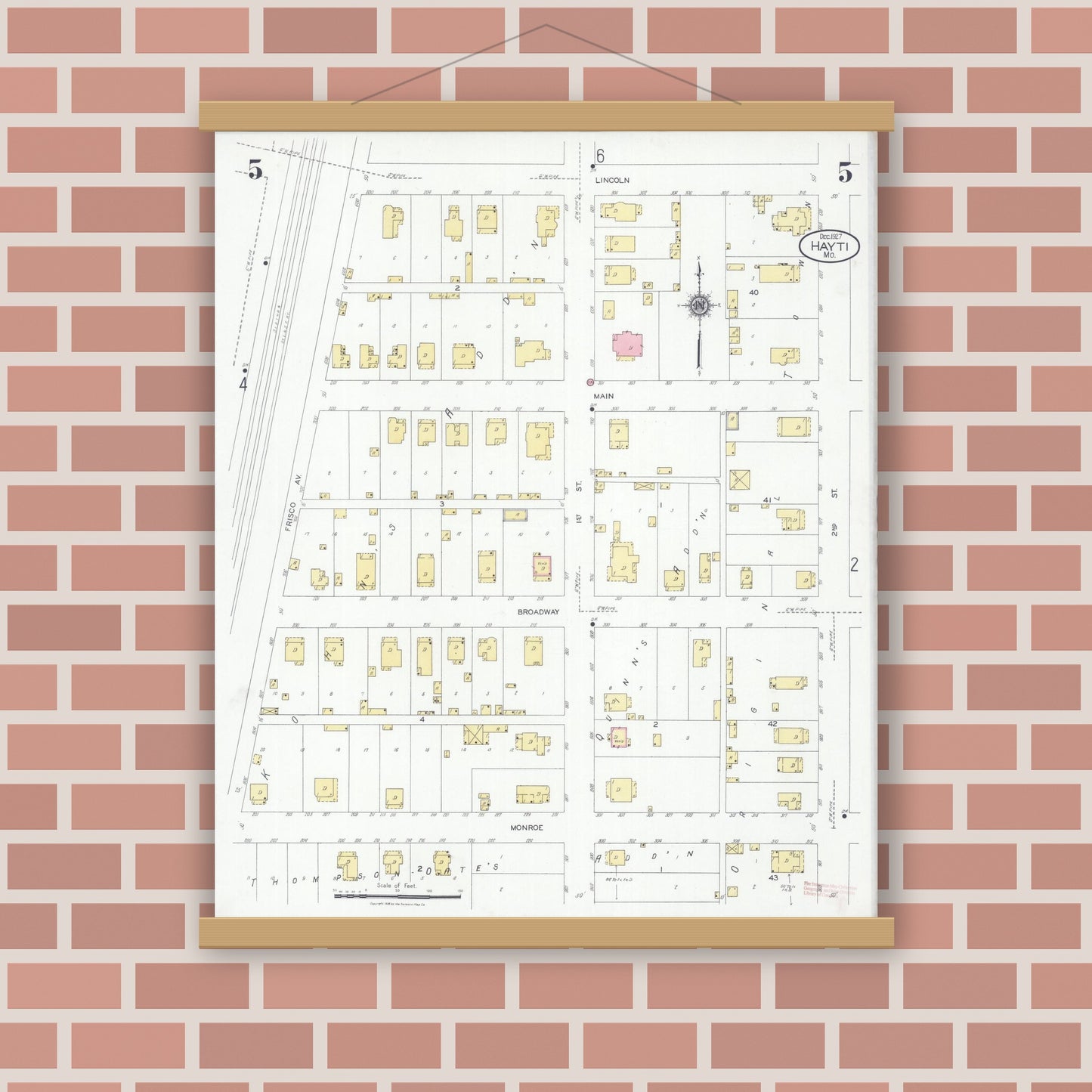 Old map wall art mockup — magnetic wood frame on brick wall — Sanborn Fire Insurance Map from Hayti, Pemiscot County, Missouri (1927), Sheet #0005