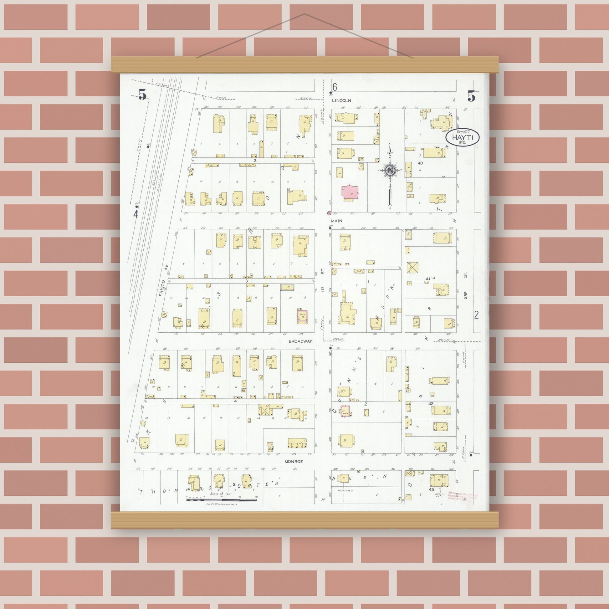 Old map wall art mockup — magnetic wood frame on brick wall — Sanborn Fire Insurance Map from Hayti, Pemiscot County, Missouri (1927), Sheet #0005