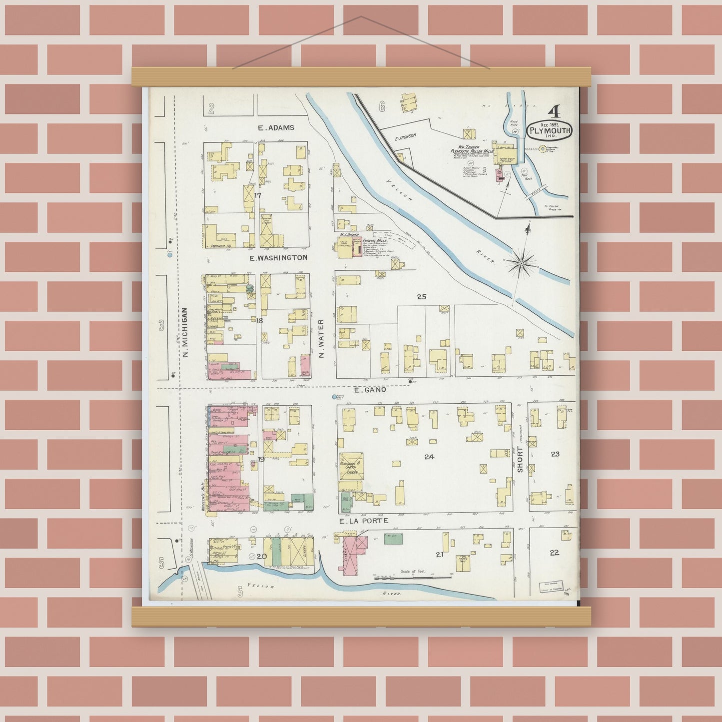 Old map wall art mockup — magnetic wood frame on brick wall — Sanborn Fire Insurance Map from Plymouth, Marhshall County, Indiana (1892), Sheet #0004