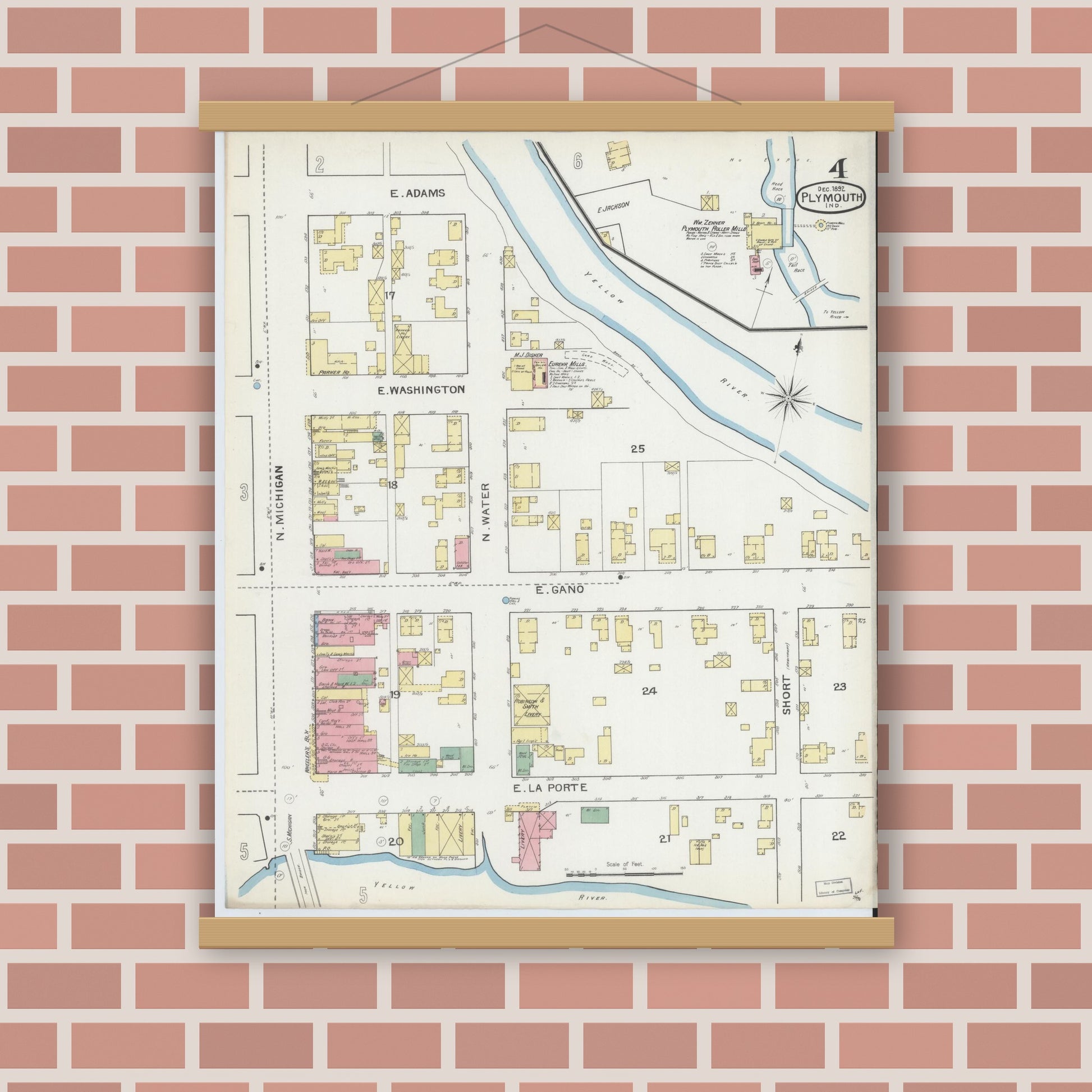 Old map wall art mockup — magnetic wood frame on brick wall — Sanborn Fire Insurance Map from Plymouth, Marhshall County, Indiana (1892), Sheet #0004