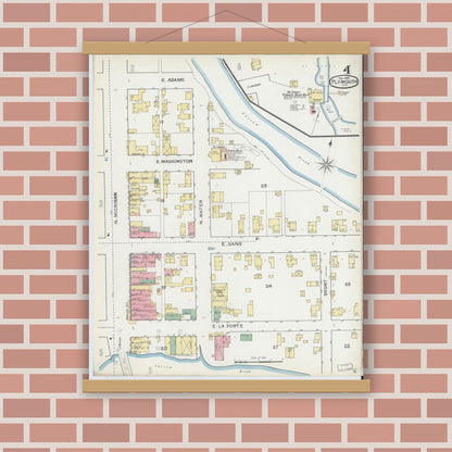 Old map wall art mockup — magnetic wood frame on brick wall — Sanborn Fire Insurance Map from Plymouth, Marhshall County, Indiana (1892), Sheet #0004
