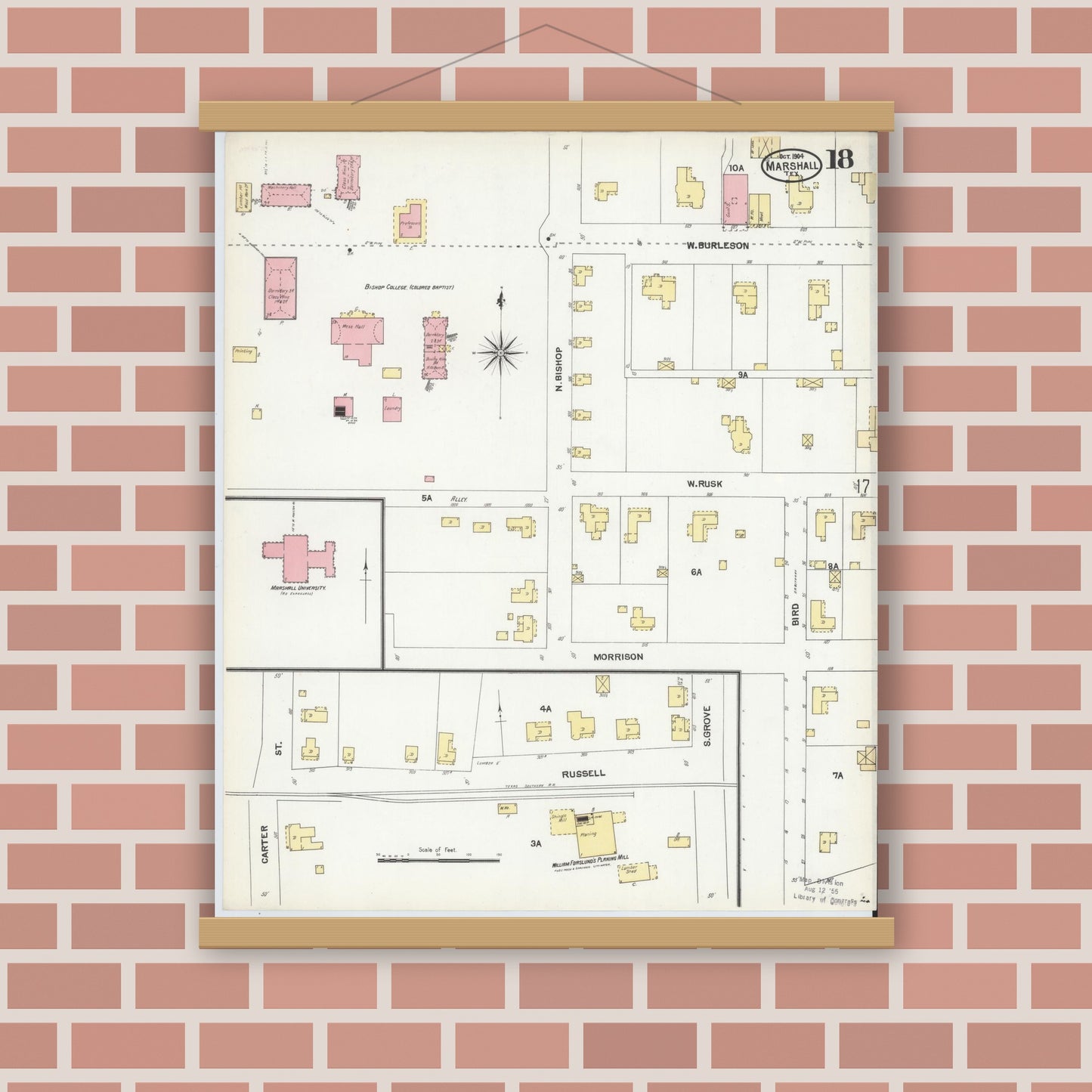 Old map wall art mockup — magnetic wood frame on brick wall — Sanborn Fire Insurance Map from Marshall, Harrison County, Texas (1904), Sheet #0018