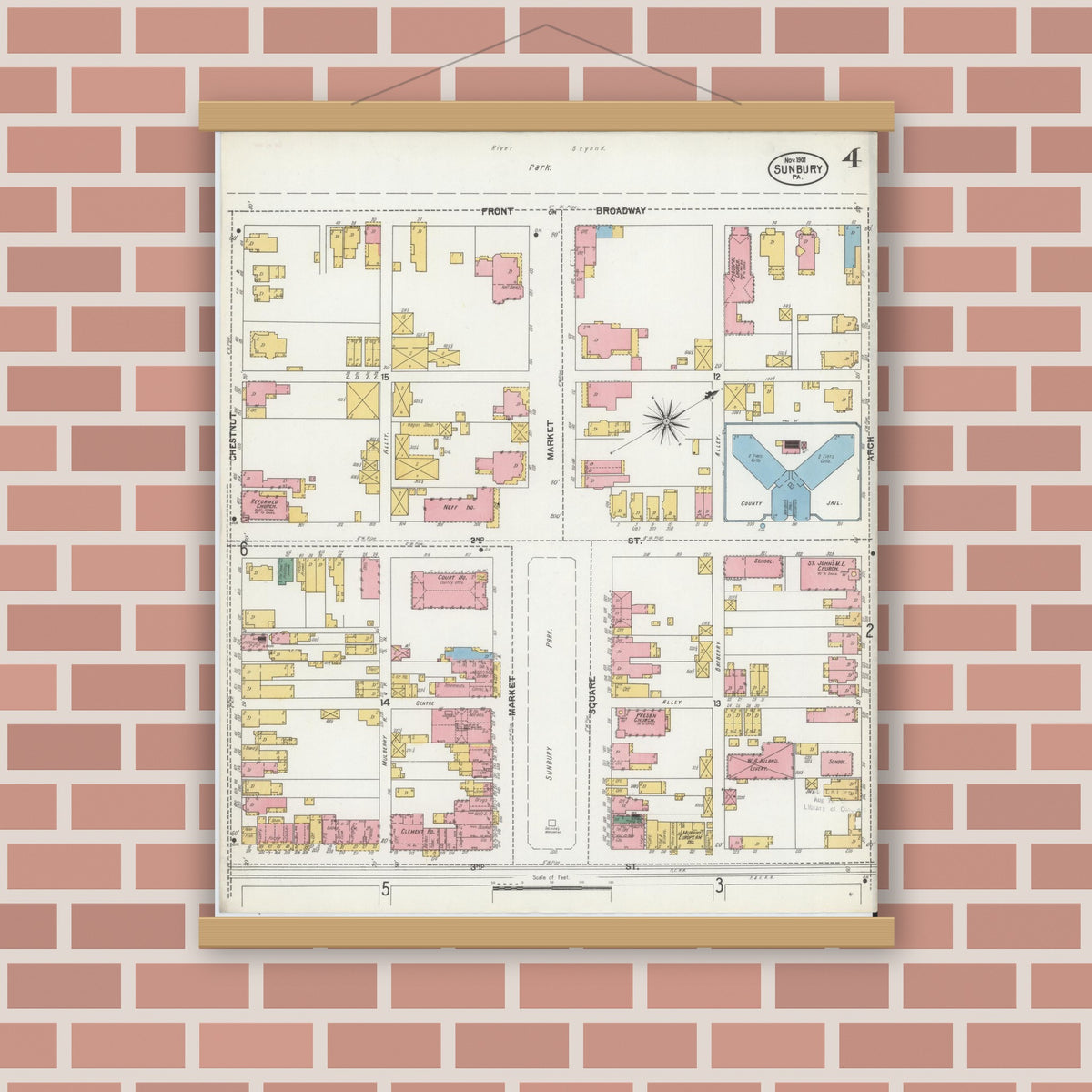 Old map wall art mockup — magnetic wood frame on brick wall — Sanborn Fire Insurance Map from Sunbury, Northumberland County, Pennsylvania (1901), Sheet #0004