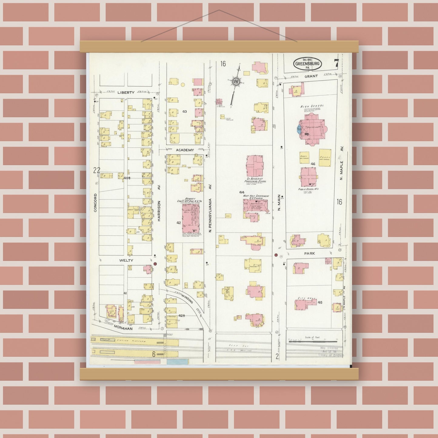 Old map wall art mockup — magnetic wood frame on brick wall — Sanborn Fire Insurance Map from Greensburg, Westmoreland County, Pennsylvania (1915), Sheet #0007