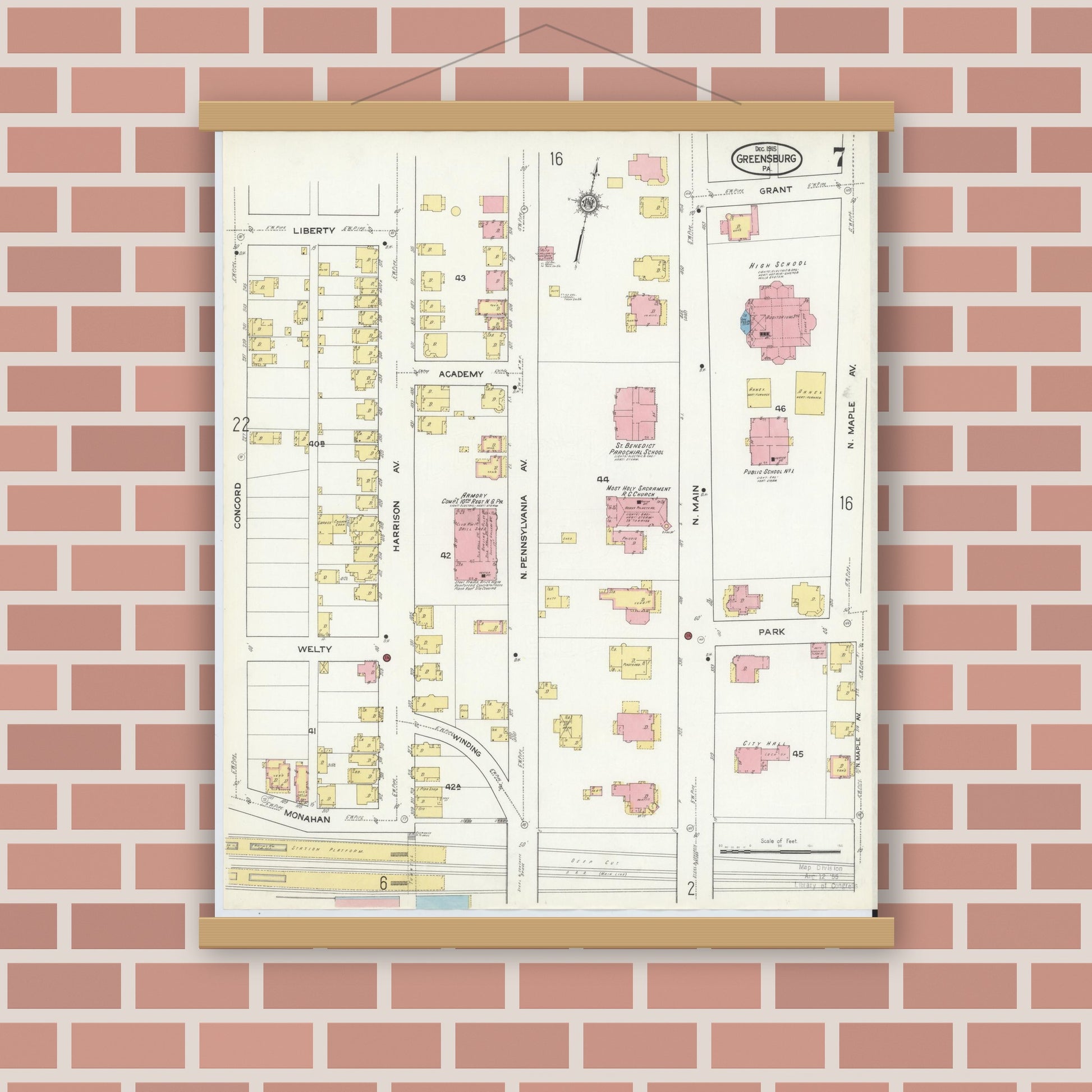 Old map wall art mockup — magnetic wood frame on brick wall — Sanborn Fire Insurance Map from Greensburg, Westmoreland County, Pennsylvania (1915), Sheet #0007