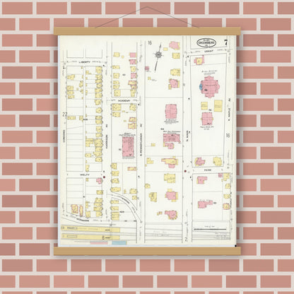 Old map wall art mockup — magnetic wood frame on brick wall — Sanborn Fire Insurance Map from Greensburg, Westmoreland County, Pennsylvania (1915), Sheet #0007