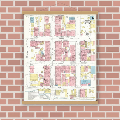 Old map wall art mockup — magnetic wood frame on brick wall — Sanborn Fire Insurance Map from Waterloo, Black Hawk County, Iowa (1910), Sheet #0017